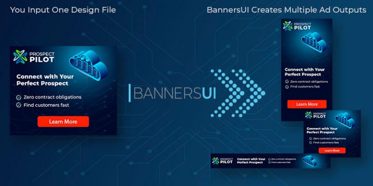 Graphic explaining how BannersUI creates multiple ad outputs from a single design file you input