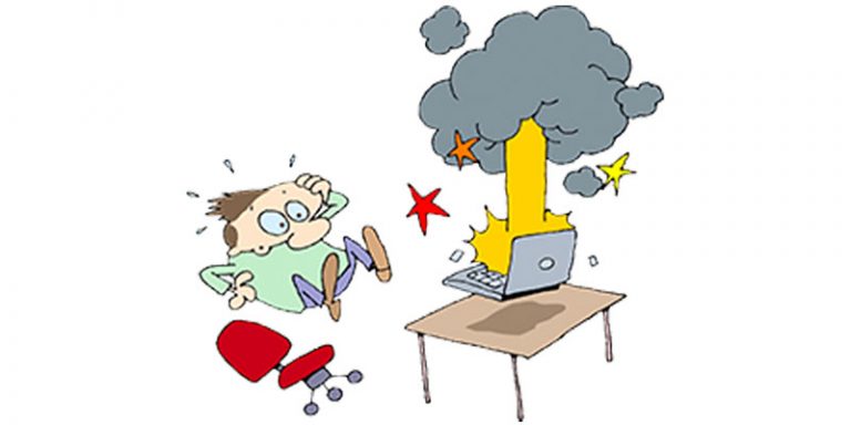 Cartoon of person jumping out of chair with laptop getting nuked