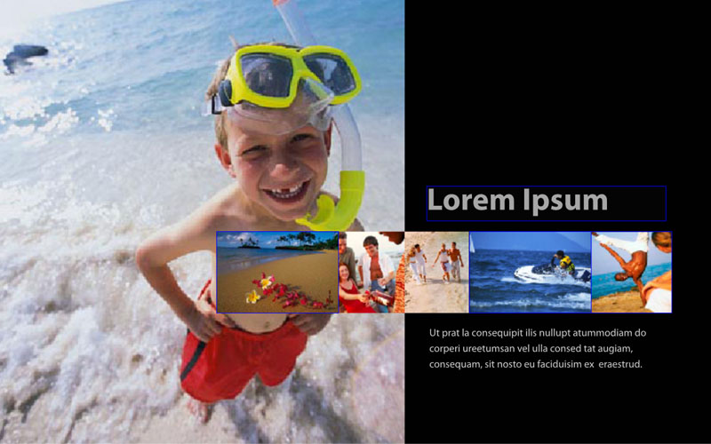 Kid with snorkel and thumbnails of vacationers