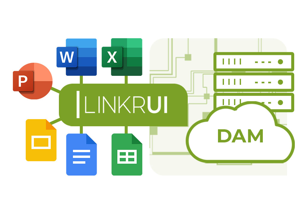 LinkrUI connects Microsoft Word, PowerPoint, Excel, Google Docs, Slides, and Sheets to your digital asset management (DAM) or online storage service.